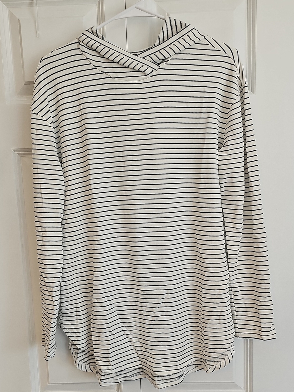 Daily Ritual White and Black Striped Hooded Long Sleeve Top
